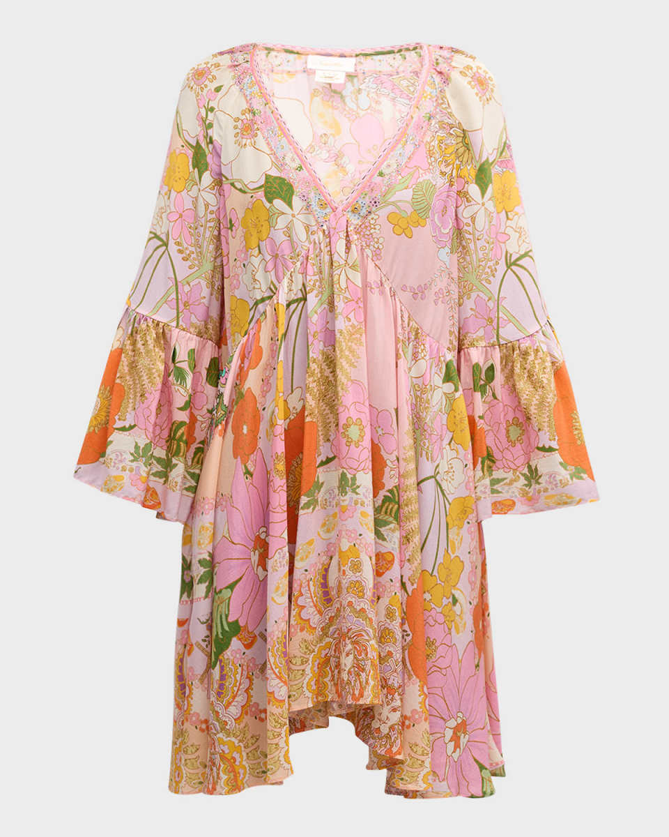 Silk A-Line Ruffle-Sleeve Mini Dress